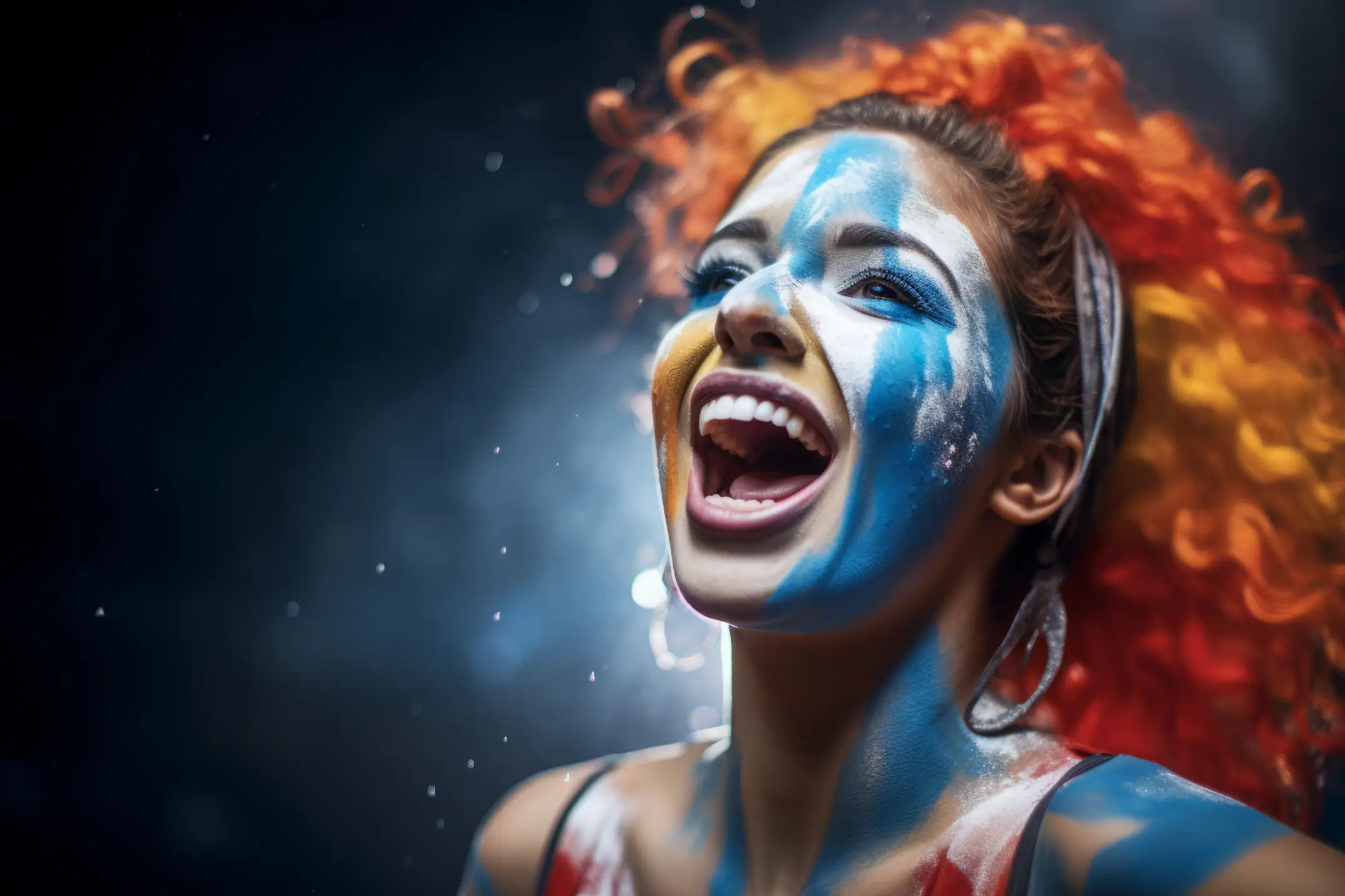 Blue Stripe-painted woman shouting