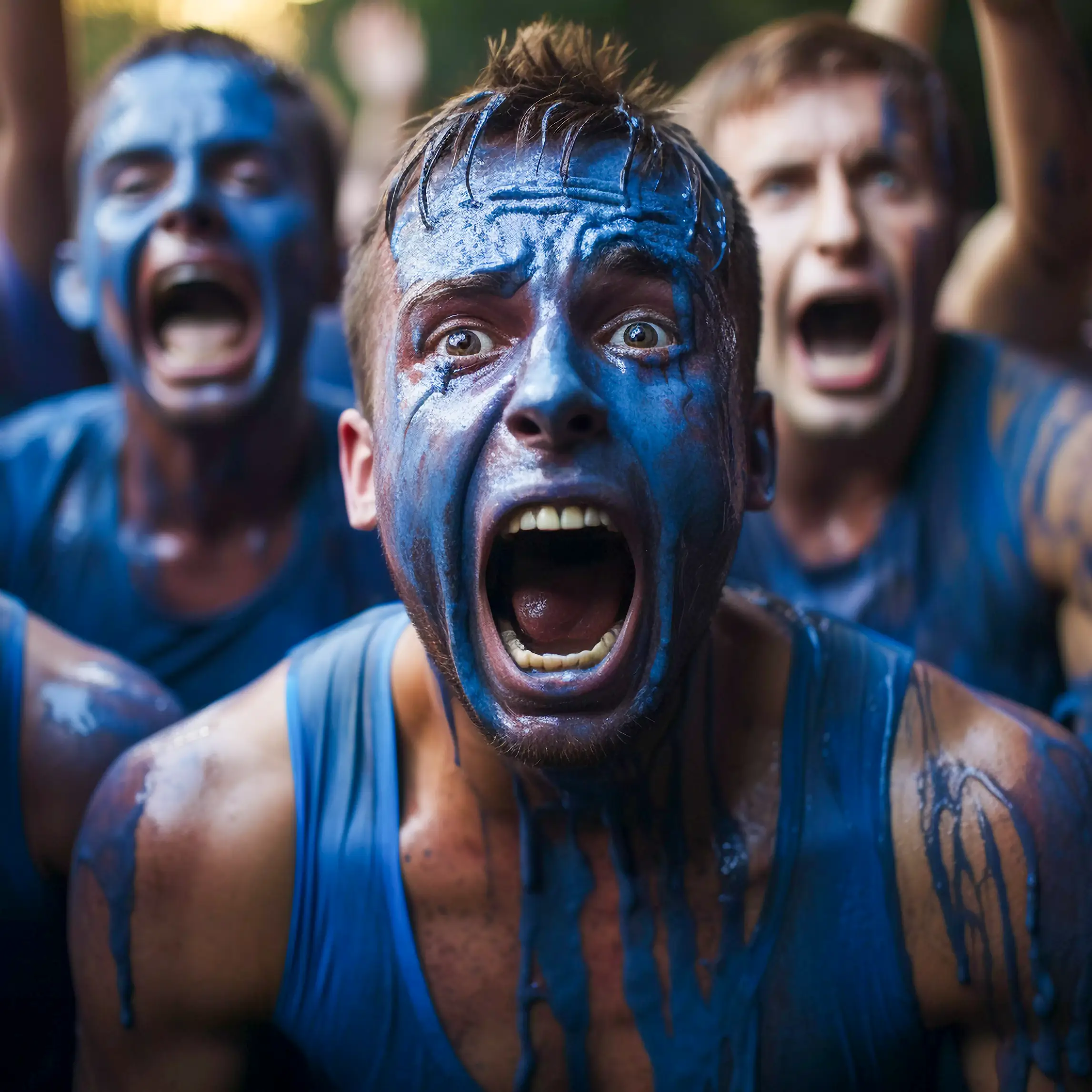 Blue Stripe-painted woman shouting
